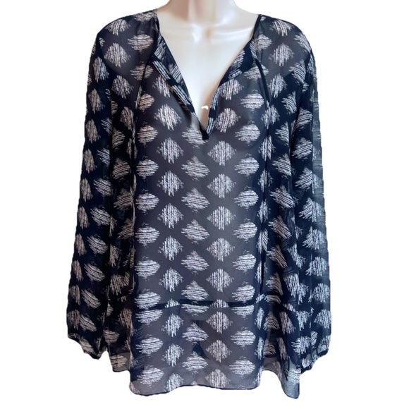 Ann Taylor V Neck Relaxed Fit Sheer Long Balloon Sleeve Patterned Blouse Top L - Picture 1 of 6